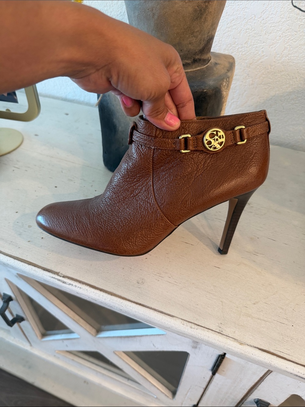 Coach Brown Leather Pointed-Toe Ankle Booties with Gold Logo